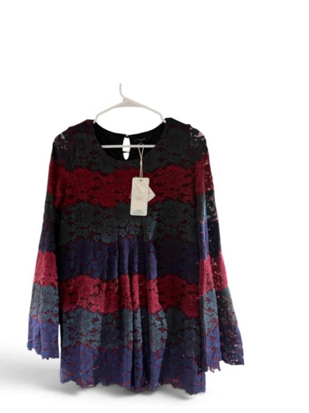 Striped Lace Long-Sleeve Tunic Top in Burgundy, Navy & Gray